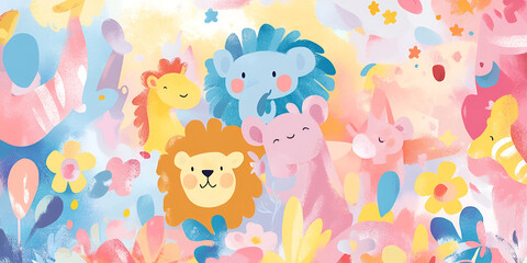 Fototapeta premium Whimsical Jungle Friends: A delightful illustration featuring a colorful cast of adorable cartoon animals in a whimsical jungle setting.