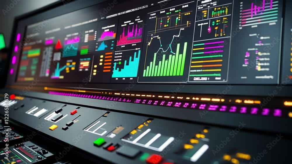 Poster high tech control panel illuminates a dark room with vibrant graphs and data visualizations, suggest