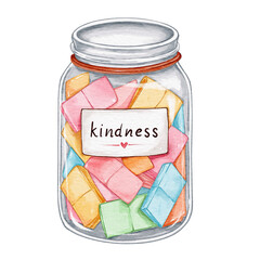 Watercolor jar filled with colorful notes labeled "Kindness." Symbolizing positivity, gratitude, and acts of love. Ideal for inspiring designs.