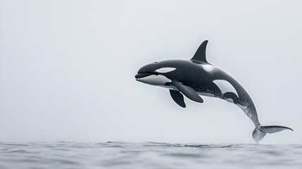 Fototapeta premium Orca Breaching: A majestic orca, powerfully leaping from the ocean's surface, cuts a striking silhouette against a misty, gray sky. Its sleek, black and white form is captured in breathtaking detail.