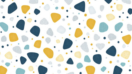 Fototapeta premium vibrant and playful pattern featuring layered abstract shapes in blue, yellow, and muted tones, scattered across white background, evoking cheerful and modern design