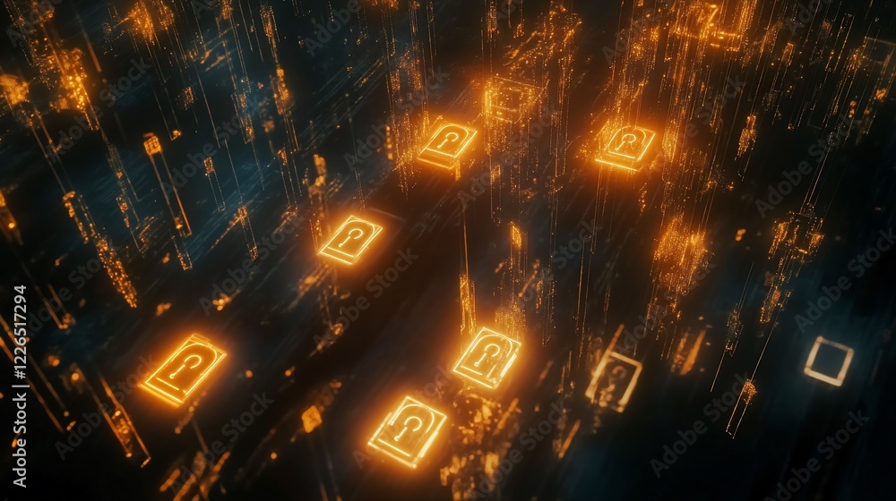 Poster glowing digital keys floating amidst a network of light lines and structures