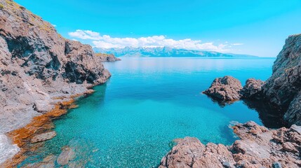 Secluded cove, turquoise water, rocky coast, mountains background; travel destination