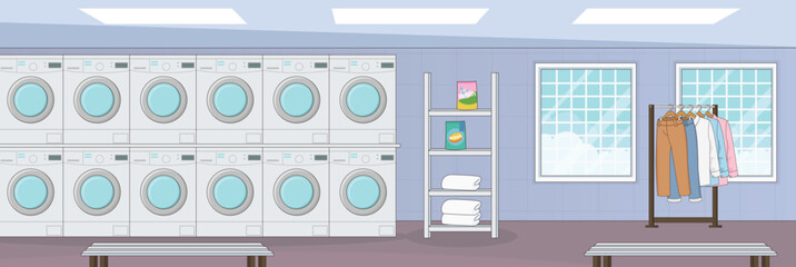 Cute and nice design of laundry shop with furniture and interior objects vector design