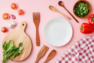 Pink Table Setting: A minimalist culinary scene with a white plate, wooden kitchen tools, and fresh ingredients on a pink backdrop, perfect for a simple, elegant table setting.