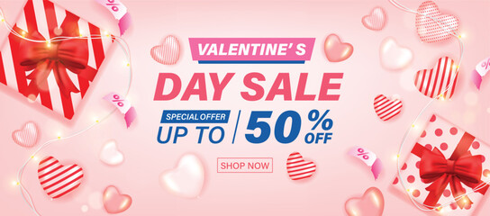 3D Valentine's Day Sale Poster with cute heart, pink coupon, neon warm light and Valentines day gift box on pink background. Promotion and shopping template for love and Valentine's day concept.