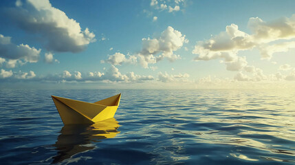 A solitary yellow paper boat floats peacefully on calm blue waters under a bright sky with fluffy clouds