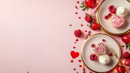Valentine mockup card elements design. Heart Shaped Desserts on Plates with Berries and Candy on Pink Surface Valentines Concept.