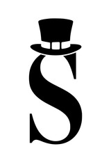 Letter S with Elegant Top Hat Illustration , Stylized black and white letter S wearing a classic top hat, symbolizing sophistication, elegance, and vintage-inspired typography design.  
 
