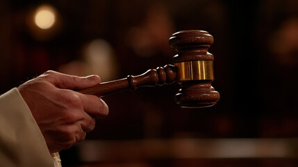 Hand holding a gavel above a sounding block, symbolizing legal decision-making.