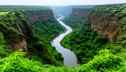 A stunning river meanders through a lush green canyon, surrounded by steep cliffs and vibrant foliage.