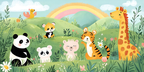 Fototapeta premium Rainbow Meadow Friends: Adorable pandas, a tiger cub, a polar bear cub and a giraffe frolic together in a vibrant meadow under a cheerful rainbow.