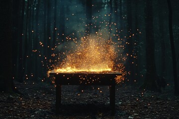 Table ablaze with sparks in a dark forest creating a magical and mysterious scene at night