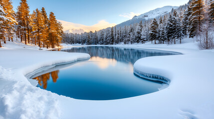 A serene winter landscape featuring a frozen lake surrounded by snow-covered trees under a clear blue sky.