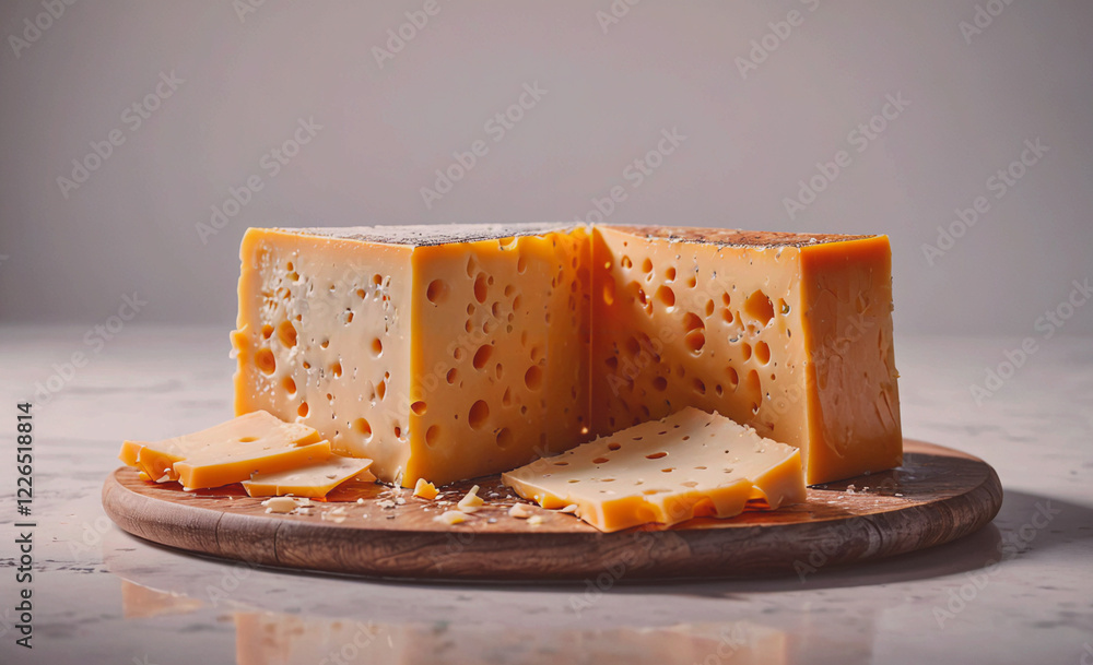 Poster a slice of cheese is cut from a large block of cheese. the cheese is yellow and has holes in it