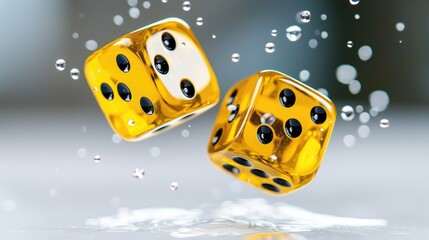 Two yellow dice splashing in water; chance, risk concept; background blur