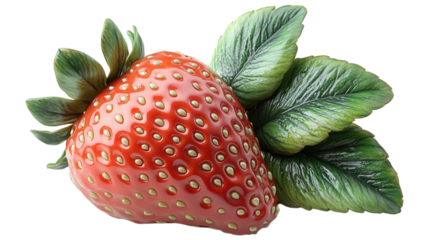 Close-up of a single fresh strawberry with green leaves isolated on white background. Suitable for marketing or business purposes. Panoramic banner with place for text