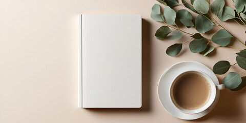 A Moment of Tranquility: A blank book mockup rests on a soft, peach-hued background, flanked by a steaming cup of tea and eucalyptus sprigs. The perfect visual for promoting new releases, authors.