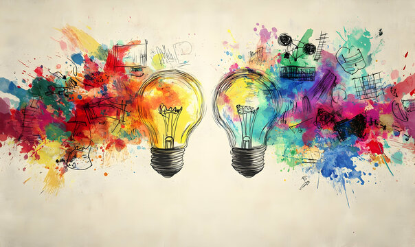 Two vibrant lightbulbs bursting with colorful watercolor splashes and creative doodles, symbolizing innovative ideas and brainstorming.