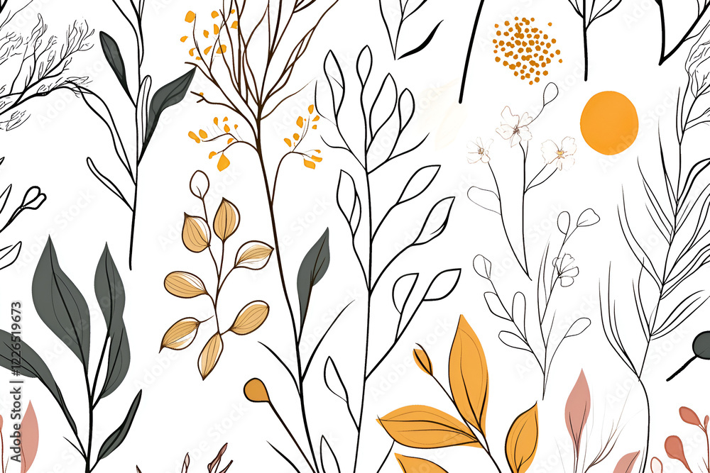 Poster botanical line art pattern: elegant, minimalist botanical line art pattern featuring delicate stems,