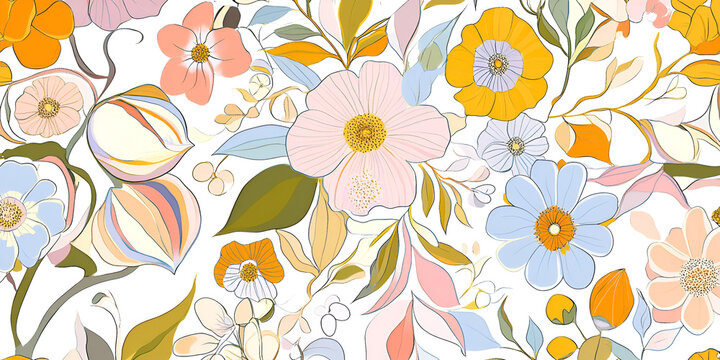 Fototapeta Retro Floral Pattern: A vibrant and cheerful seamless pattern featuring a profusion of retro-style flowers in soft pastel hues of pink, blue, yellow, and orange, set against a clean backdrop.