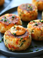 Delicious crab cakes on a dark plate with a creamy sauce and fresh green garnish close up