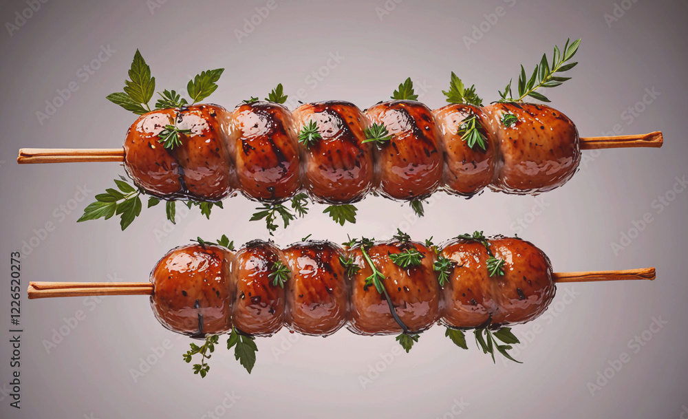 Poster Two skewers of meat with herbs and spices on top. The skewers are on a white background