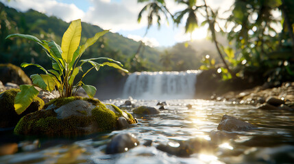 Obraz premium A serene landscape featuring a small waterfall, lush greenery, and a close-up view of plants growing near the water's edge.