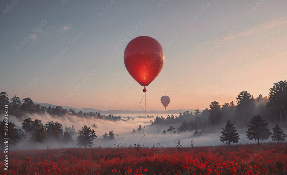 Poster two red balloons are floating in the sky above a field of red flowers. the scene is serene and peace