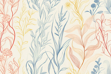 Pastel Botanical Dreams: Delicate watercolor-style illustration featuring a dreamy array of pastel-colored floral and foliage elements, creating a serene and elegant botanical pattern. 