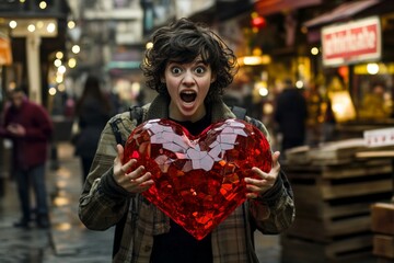 Fototapeta premium Sign of love and affection. Commercial promotion visual idea. Youth valentine's day greeting card: young woman with astonished face holds red heart in hands. Heart-themed valentine's decor.
