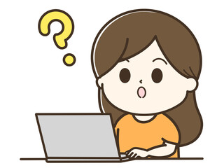 はてなとパソコンを使う疑問の女性のゆるかわイラスト