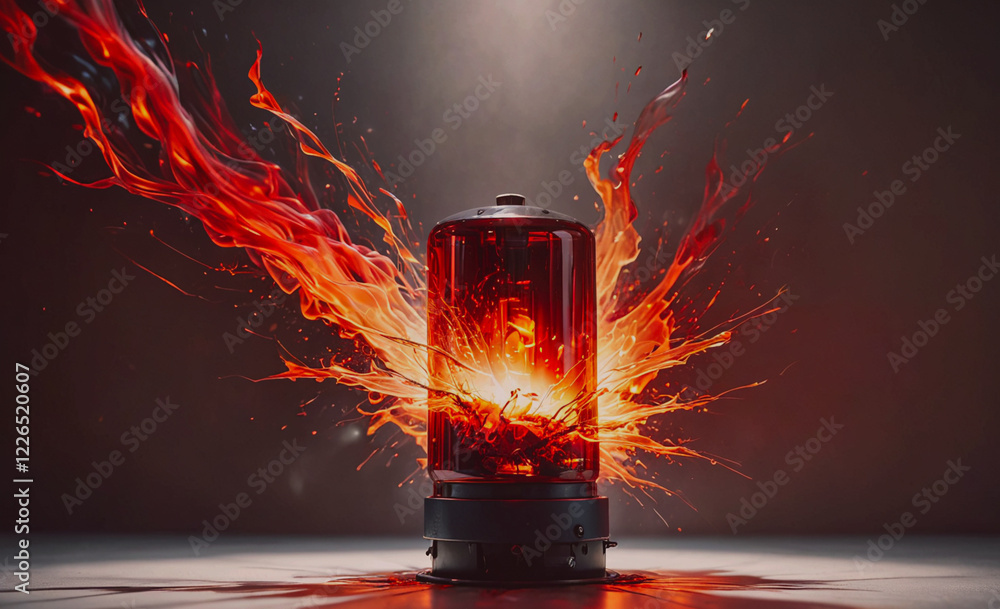 Poster A red and orange fire is exploding out of a small glass container. The container is surrounded by a lot of red and orange sparks. Concept of danger and destruction