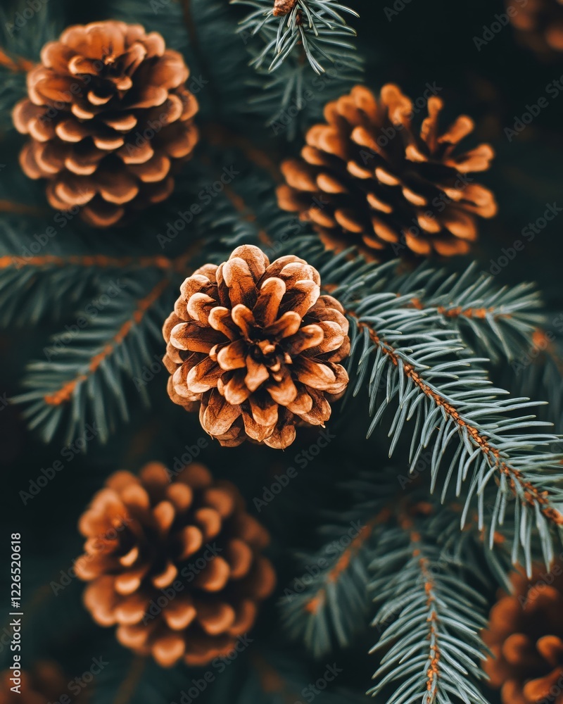 Poster pine cones on a branch with needles in a close up view showing the texture and color