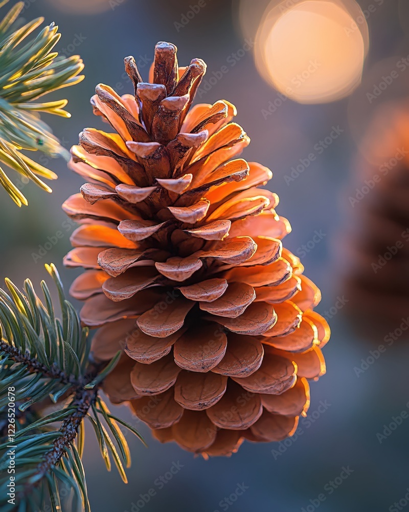 Poster pine cone on a branch with warm light and soft bokeh background in a close up nature shot