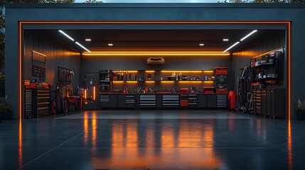 Modern home garage with a clean floor, tool cabinets, and storage racks, 3D rendering, 8K high quality realistic images,