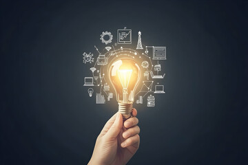Hand holding a glowing lightbulb with interconnected business and technology icons symbolizing innovation, ideas, and solutions.
