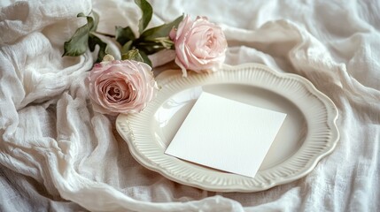 Valentine mockup card elements design. Pale Pink Roses And Blank Card On Textured Plate Placed On Wrinkled White Fabric Backdrop.