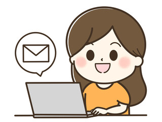 メールとパソコンを使う女性のゆるかわイラスト