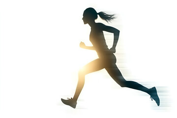Runner Silhouette: Dynamic silhouette of a female runner in motion, showcasing speed, determination, and athleticism against a vibrant sunrise or sunset backdrop.