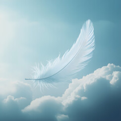 Delicate white feather floating gently in a serene sky with soft clouds, capturing the tranquility of nature