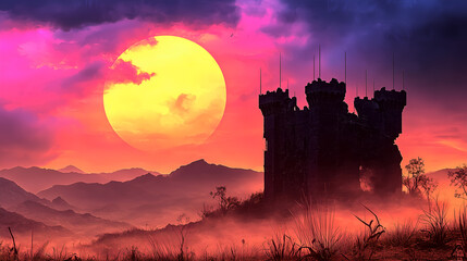 Obraz premium A mystical castle silhouette against a vibrant sunset, surrounded by rolling hills and mist, creating an enchanting and atmospheric scene.