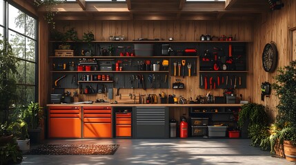 Detailed garage mockup with tools aligned perfectly on a wall-mounted organizer, 3D rendering, 8K high quality realistic images,
