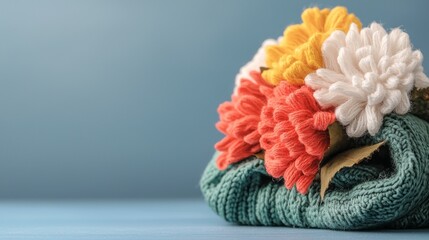 Colorful Knitted Flowers on Teal Sweater  Autumn Crafts  Handmade Decor
