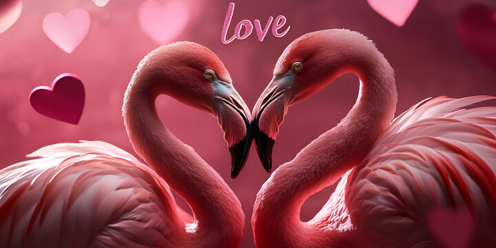 Lovebirds: A pair of graceful flamingos intertwine their necks in a romantic embrace, their vibrant pink plumage forming a heart shape against a backdrop of fluttering hearts. A symbol of love.