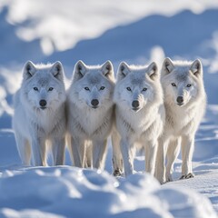 Obraz premium Four arctic wolves standing in a row on a snowy landscape with bright light and soft shadows