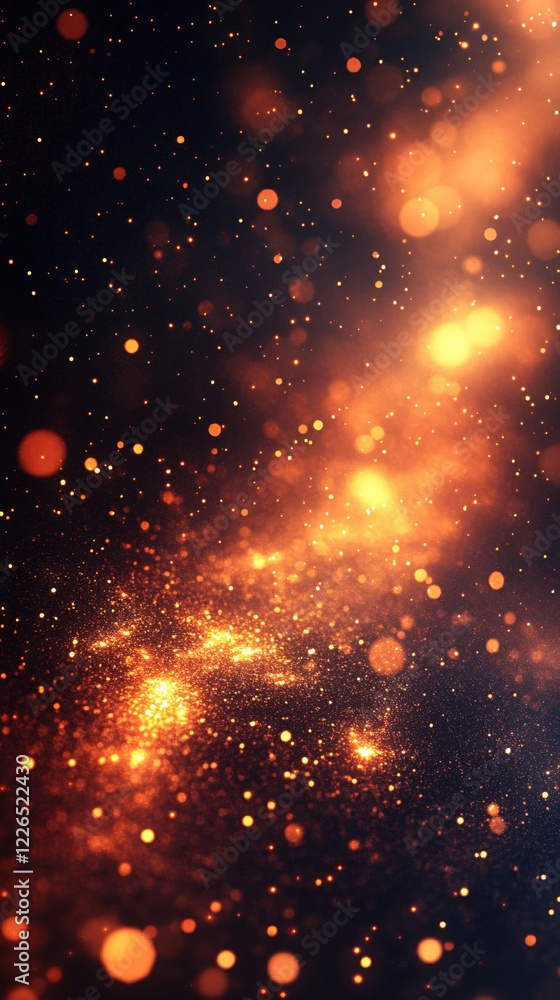 Poster abstract luminous orange particles on dark background with bokeh effect creating a magical scene