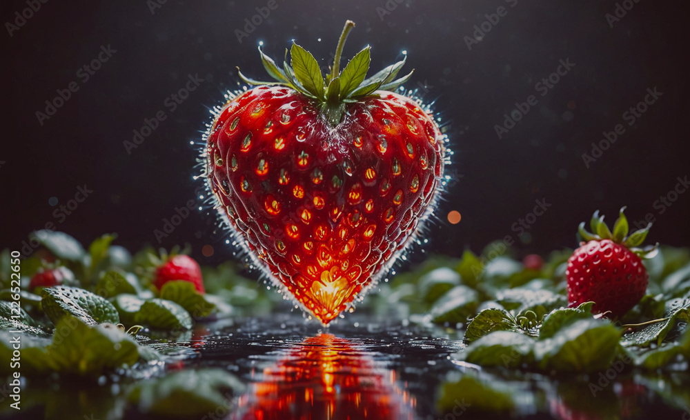Poster a close up of a strawberry with a heart on it. the heart is made of the strawberry's seeds. the imag
