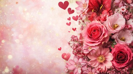 Obraz premium Valentine mockup card elements design. Pink Flowers And Red Hearts Arrangement With Sparkling Background Valentine Festive Celebration.