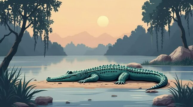 Alligator Resting by Serene River at Sunset Landscape